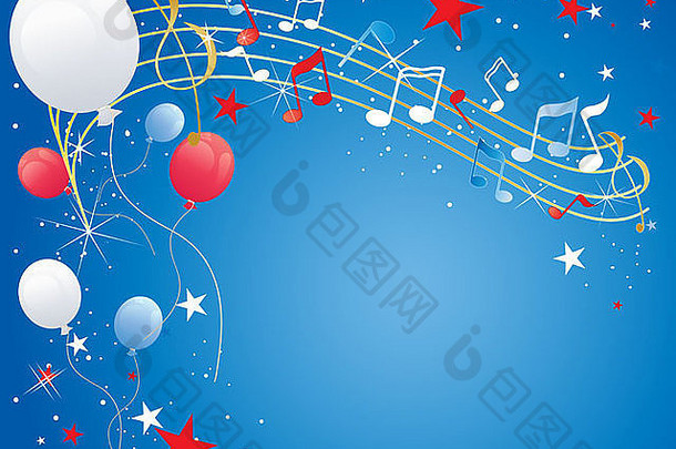 插图7月第四庆祝活动背景音乐的笔记气球闪光星星红色的白色蓝色的