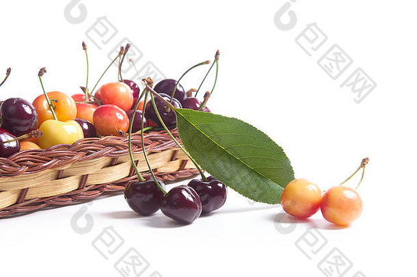 篮子成熟的浆果黄色的红色的甜蜜的樱桃红色的水果绿色叶樱桃树白色背景