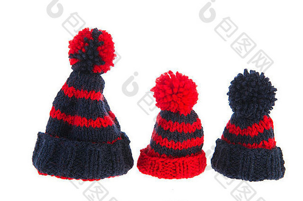 冬天帽子针织蓝色的红色的孤立的白色背景