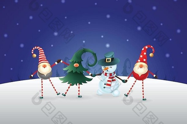 圣诞节背景快乐朋友地精雪人庆祝圣诞节一年蓝色的晚上冬天景观
