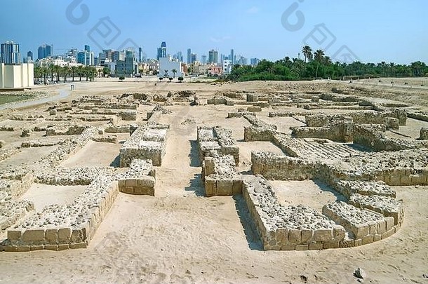 仍然是结构巴林堡qal atal-bahrain麦纳麦现代城市景观背景巴林