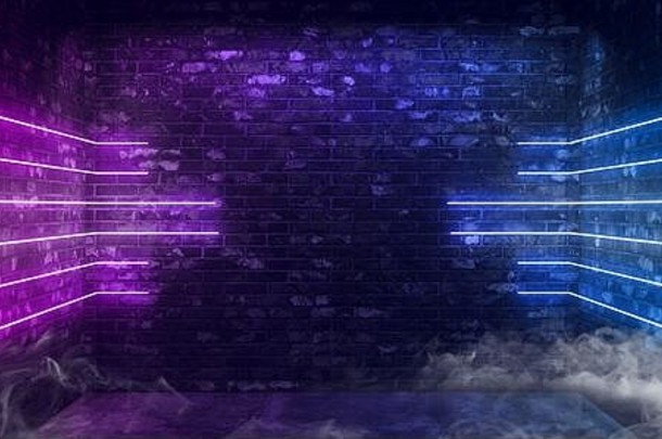 烟未来主义的行霓虹灯发光的激光紫色的潘通色卡蓝色的sci砖俱乐部时尚跳舞俱乐部车库仓库工作室混凝土水泥地板上网络