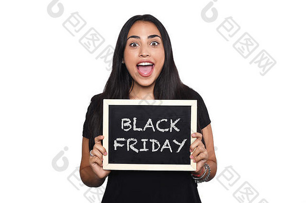 肖像年轻的拉丁女人持有黑板文本黑色的星期五出售概念孤立的白色背景
