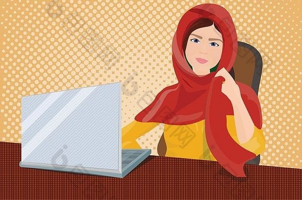阿拉伯业务女人传统的衣服工作移动PC电脑复古的漫画背景