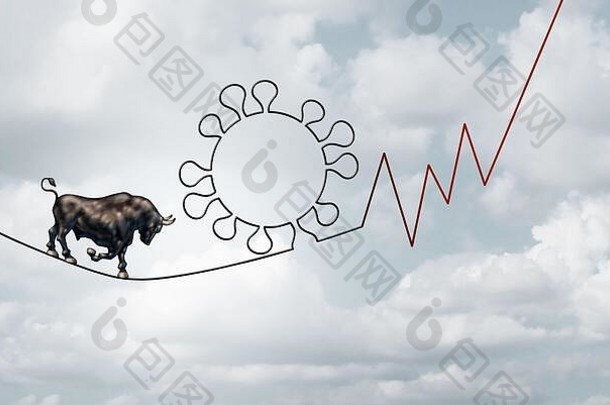牛市场流感大流行爆发业务概念金融风险乐观的股票市场象征紧绳子形状的病毒金融