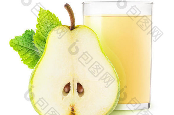 孤立的喝玻璃梨汁一半水果孤立的白色背景剪裁路径