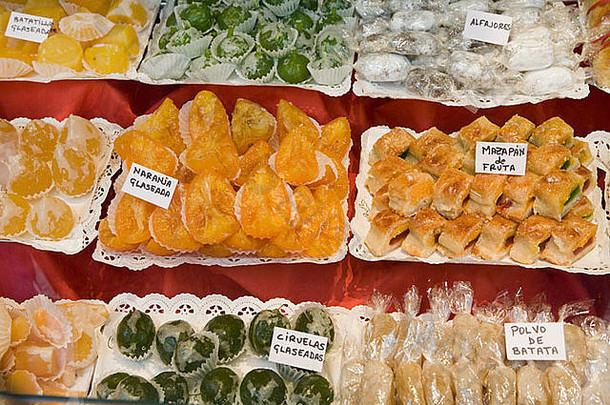 选择典型的结晶的水果蔬菜糖果西班牙语商店窗口