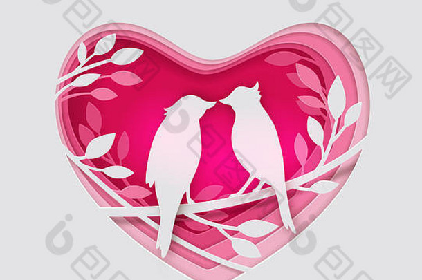 减少纸粉红色的心鸟分支浪漫的情人节背景假期问候卡