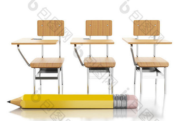 渲染器图像学校椅子铅笔教育概念孤立的白色背景