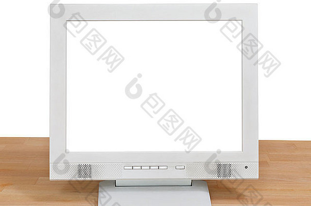 前面视图灰色电脑显示减少屏幕木表格孤立的白色背景
