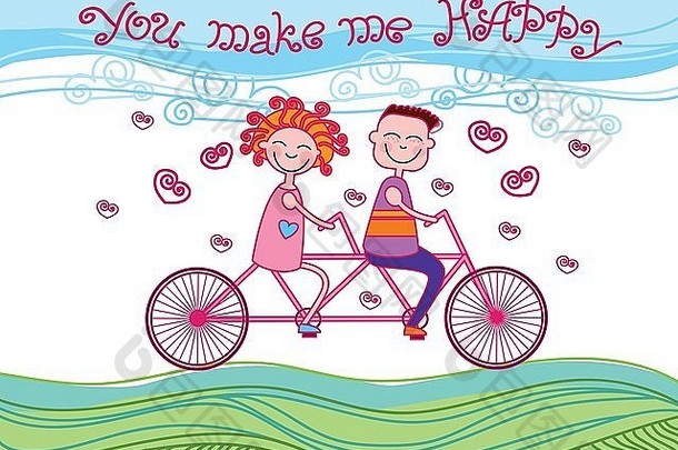 夫妇爱骑串联自行车卡幸福