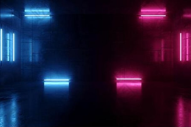 霓虹灯发光的复古的现代synth波车库隧道走廊紫色的蓝色的充满活力的灯行跳舞阶段讲台上车库房间工作室混凝土难看的东西巴克