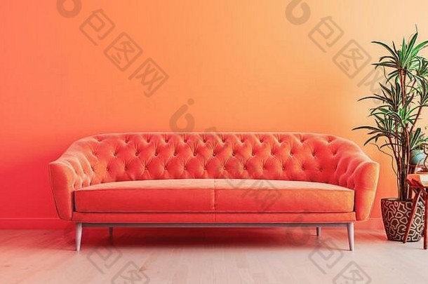 生动的生活房间郁郁葱葱的熔岩室内墙模拟明亮的橙色沙发空墙免费的空间前渲染插图