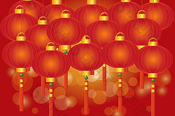 快乐中国人月球一年红色的灯笼红色的散景背景插图
