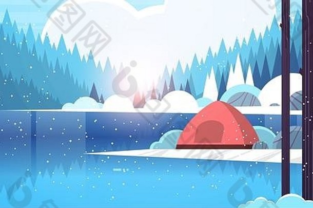 帐篷野营区域森林营地河冬天营旅行假期概念降雪日出景观自然背景水山