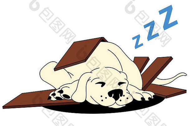 插图可爱的快乐睡觉小狗仍然是破碎的狗窝