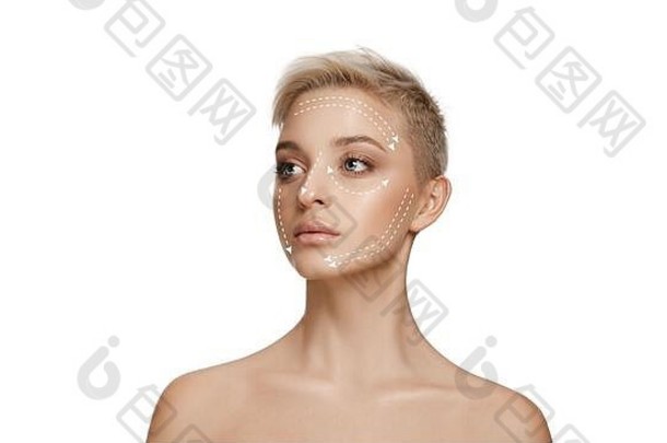 美丽的女脸提升箭头孤立的白色背景概念身体护理化妆品护肤品修正手术美完美的皮肤摩天观景轮抗衰老的