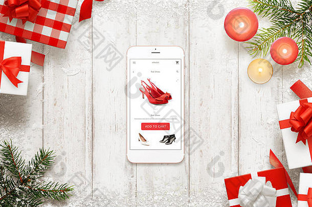 圣诞节购物聪明的电话购买鞋子在线商务网络网站应用程序圣诞节装饰礼物