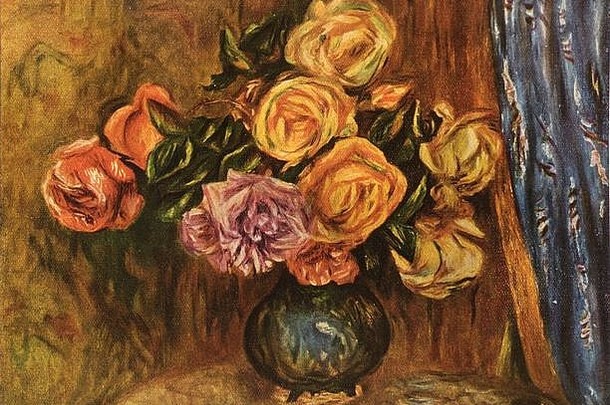 玫瑰前面蓝色的窗帘早期世纪绘画皮埃尔-奥古斯特雷诺阿高决议质量图像