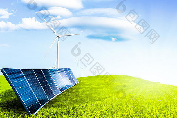 太阳能细胞场草风车权力自然环境概念