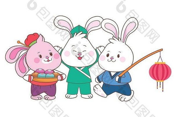 兔子庆祝中期秋天节日漫画