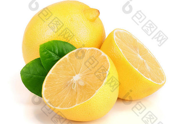 柠檬片叶孤立的白色背景
