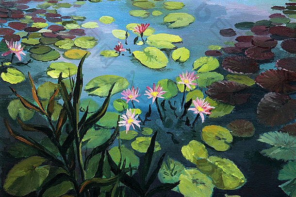 石油绘画帆布色彩斑斓的池塘美丽的莲花花天空反射水表面