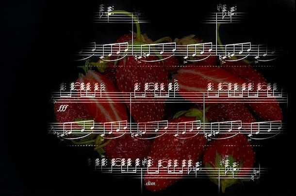 照片双数字曝光草莓表音乐黑色的背景