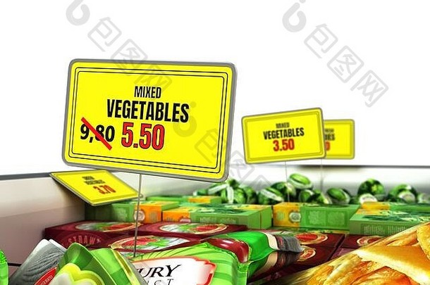 概念减少食物价格板折扣价格标签冰箱蔬菜渲染白色