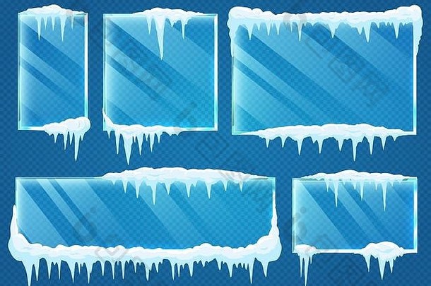 玻璃帧雪帽冻冬天窗口边境冰霜孤立的透明的背景