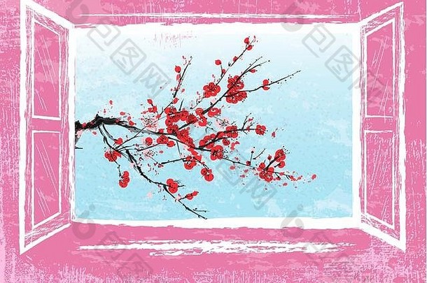 现实的可爱的樱桃开花开放窗口中国人日本樱桃树难看的东西背景插图