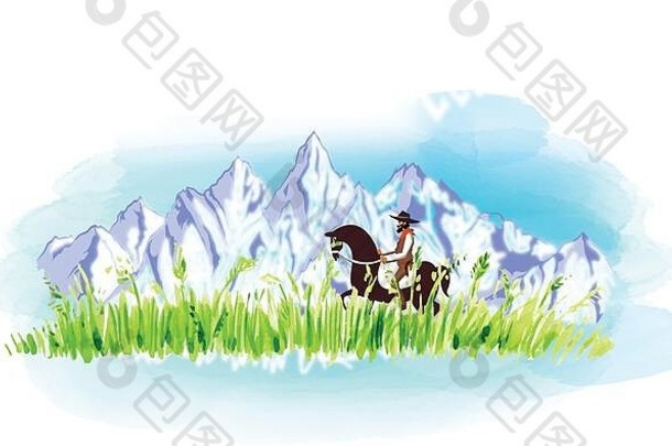 水彩插图男人。消除马长满草的地面山覆盖雪