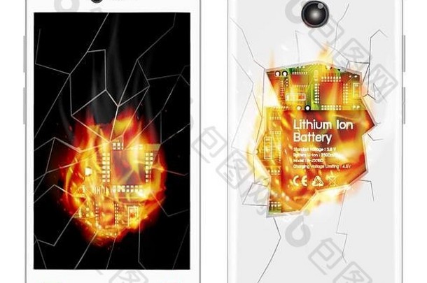 破碎的智能手机爆炸燃烧火