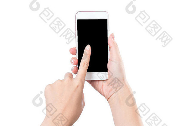 概念女人的手持有智能手机指出Figer孤立的白色背景剪裁路径空白网页消息