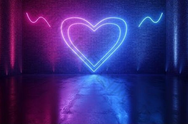 霓虹灯发光的sci未来紫色的蓝色的红色的情人节心形状砖墙俱乐部跳舞晚上隧道走廊仓库车库网络虚拟使得