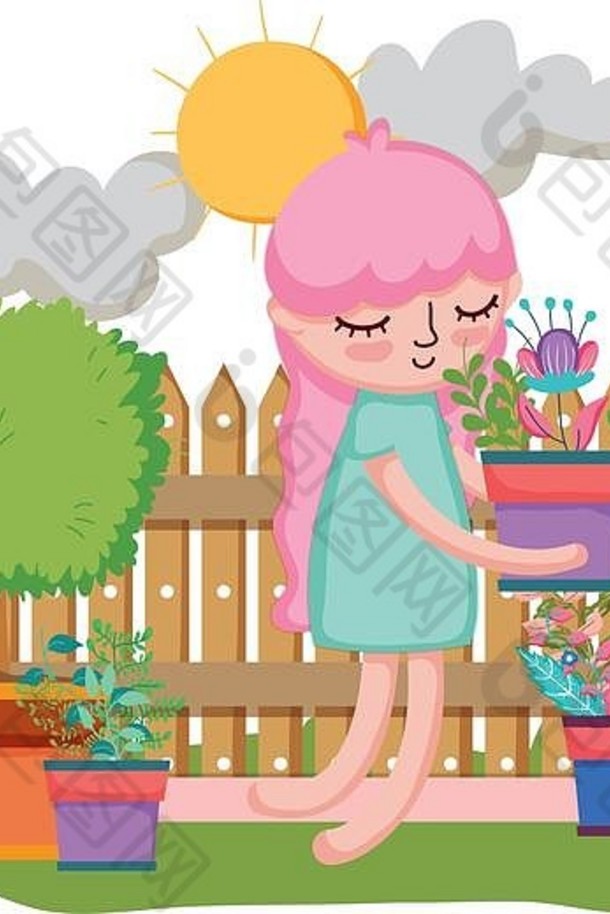 女孩提升室内植物栅栏花园