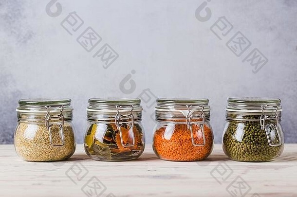 玻璃盒子瓶藜麦小扁豆醪意大利面有组织的首页简单的时尚的存储塑料