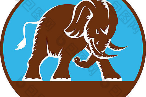 插图非洲大象充电攻击复古的木刻风格