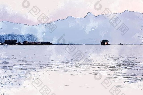 抽象色彩丰富的山峰和河流，以水彩插画为背景。