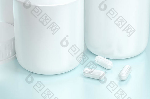 3d渲染，带胶囊的白色药瓶，健康药物概念