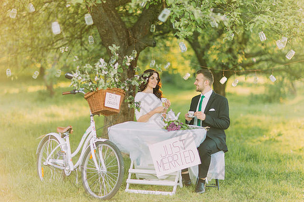 浪漫的泡菜树公园快乐新娘喝茶可爱的丈夫装饰自行车站