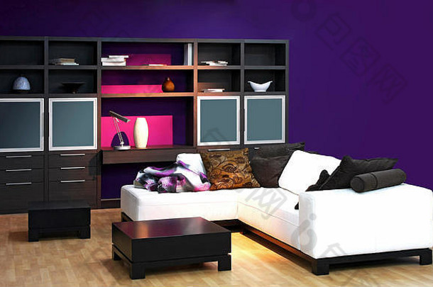 室内现代生活房间紫色的墙