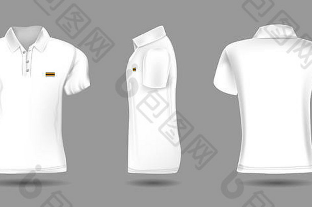 高详细的现实的马球t恤设计白色颜色插图前面回来一边视图