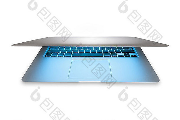 现代银铝移动PC蓝色的光屏幕孤立的白色背景受欢迎的薄电脑一半开放视图