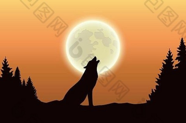 森林橙色天空中，狼对着满月嚎叫