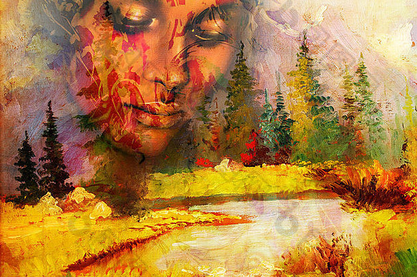女神女人观赏脸景观山湖树颜色摘要背景冥想关闭
