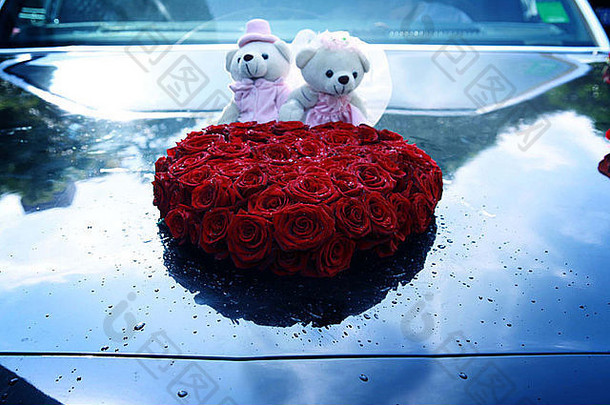 红玫瑰和两只玩具熊