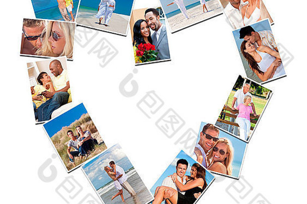 心形状的蒙太奇快乐浪漫的混合比赛夫妻享受浪漫的生活方式海滩拥抱爱