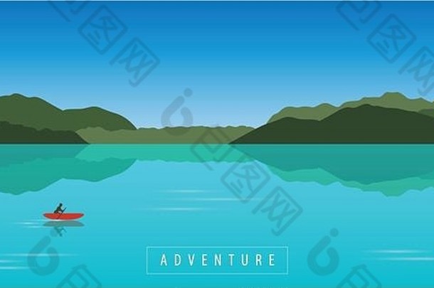 在美丽的绿松石湖上孤独地划着红船冒险