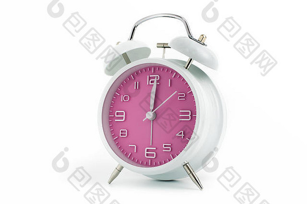 粉色钟面的双钟模拟闹钟显示12点1分，中午12点01分；白色背景上的概念